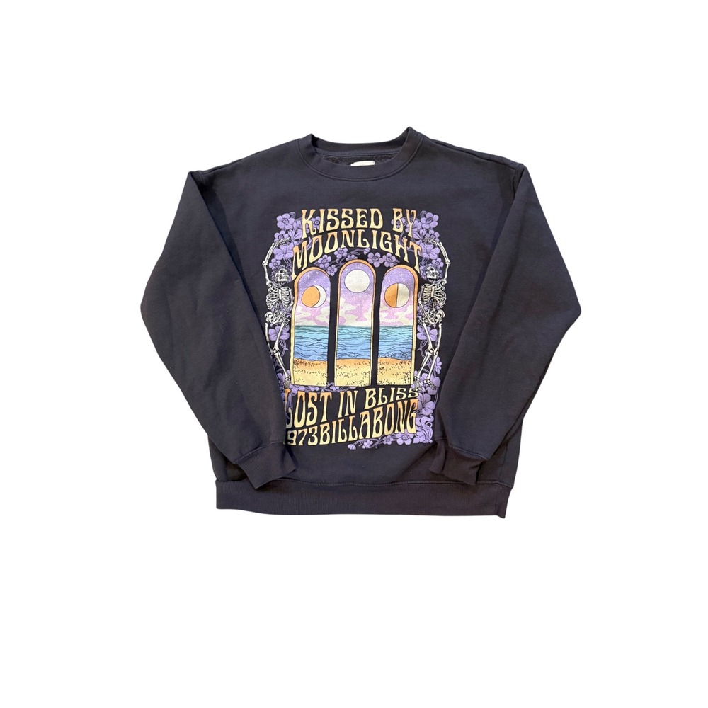 Billabong Kissed By Moonlight Graphic Sweatshirt Black Crewneck Fleece Womens S‎
